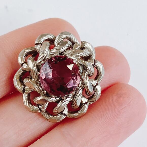 Vintage Mid Century Silver Tone Purple Glass Domed Rope Brooch 1950s 1960s - Picture 2 of 10